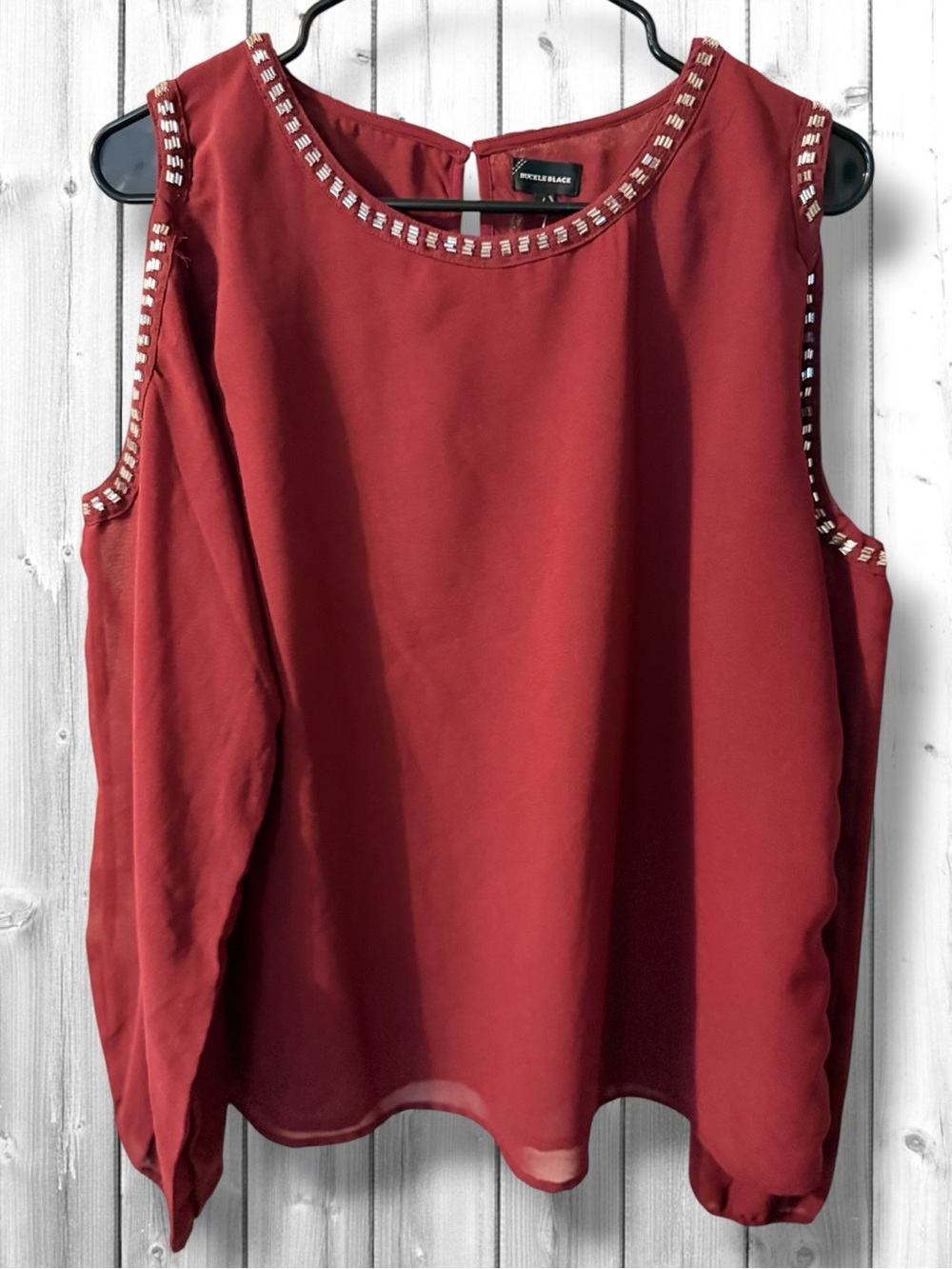 🌼NWT:Buckle Black Burgundy Cold-Shoulder Blouse with Beaded Silver Trim